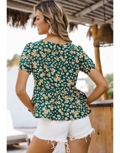 Replica  Fashion Crew Neck Floral Puff Sleeve Ladies Top Short Sleeve Crew Neck #794601 $21.84 USD for Wholesale