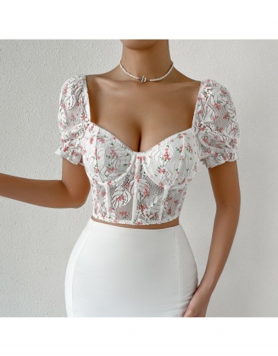 Ladies White Embroidery Floral  Puff Sleeve Retro Crop Blouse Short Sleeve Sweetheart Neck #794602 $19.85 USD, Wholesale Fashion Blouses