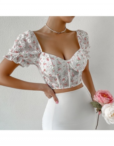 Replica Ladies White Embroidery Floral  Puff Sleeve Retro Crop Blouse Short Sleeve Sweetheart Neck #794602 $19.85 USD for Wholesale