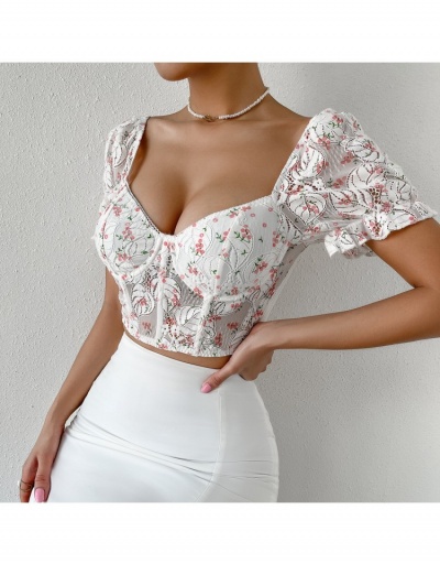 Replica Ladies White Embroidery Floral  Puff Sleeve Retro Crop Blouse Short Sleeve Sweetheart Neck #794602 $19.85 USD for Wholesale