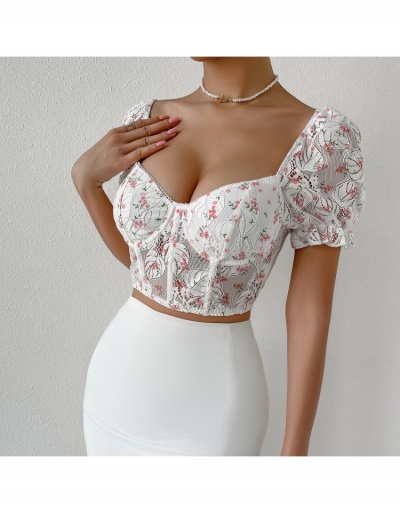 Replica Ladies White Embroidery Floral  Puff Sleeve Retro Crop Blouse Short Sleeve Sweetheart Neck #794602 $19.85 USD for Wholesale