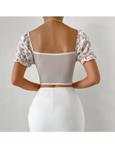 Replica Ladies White Embroidery Floral  Puff Sleeve Retro Crop Blouse Short Sleeve Sweetheart Neck #794602 $19.85 USD for Wholesale