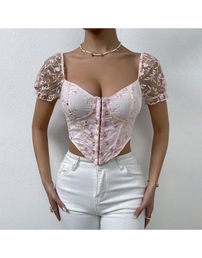 Replica Puff Sleeve Embroidery  Pink Ladies Blouse Tops Short Sleeve Sweetheart Neck #794604 $18.09 USD for Wholesale