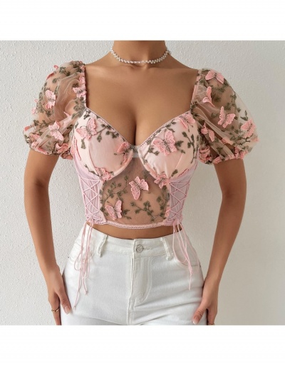 Replica  Summer See Through Gauze Butterfly Embroidery Top Short Sleeve V Neck #794605 $20.41 USD for Wholesale