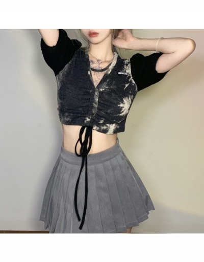 Replica Fashion V-Neck Puff Sleeve Tie Dyed Women's Navel Top Short Sleeve V Neck #794620 $19.25 USD for Wholesale