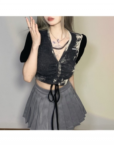 Replica Fashion V-Neck Puff Sleeve Tie Dyed Women's Navel Top Short Sleeve V Neck #794620 $19.25 USD for Wholesale