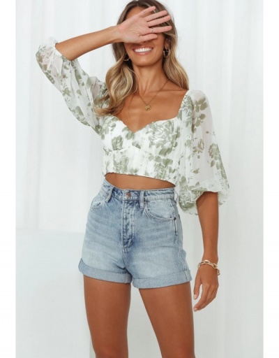 Replica New Fashion Puff Sleeve Floral Chiffon  Ladies Crop Blouse Half Sleeve,Long Sleeve Sweetheart Neck #794623 $20.61 USD for Wholesale