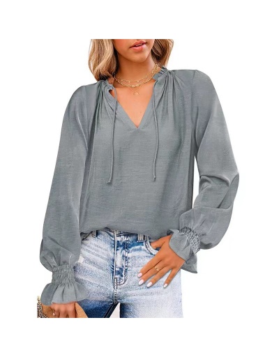 Replica  Women's Pure Color Long Sleeve Ladies Top Long Sleeve V Neck #794626 $27.30 USD for Wholesale