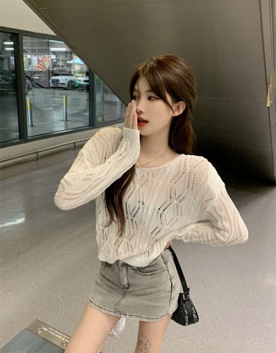 Replica  Summer Knitting Pure Color Women's Short Blouse Long Sleeve Crew Neck #794627 $29.28 USD for Wholesale