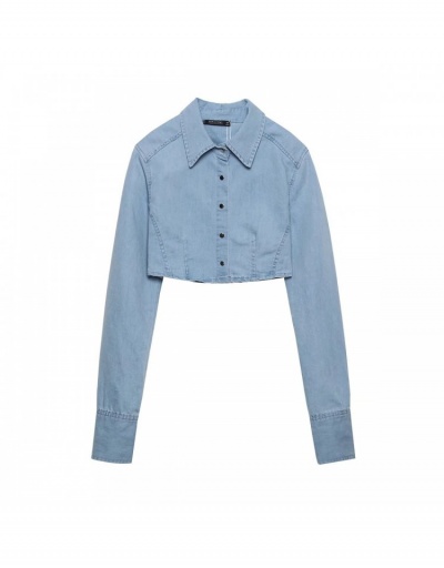  Long Sleeve Lapel Pure Color Short Denim Shirt Long Sleeve Turndown Collar #794630 $35.67 USD, Wholesale Fashion Blouses