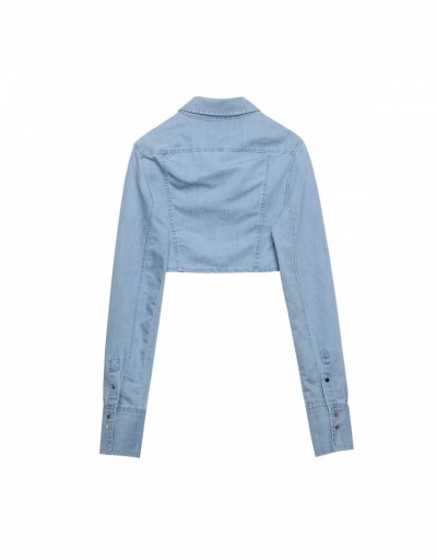 Replica  Long Sleeve Lapel Pure Color Short Denim Shirt Long Sleeve Turndown Collar #794630 $35.67 USD for Wholesale