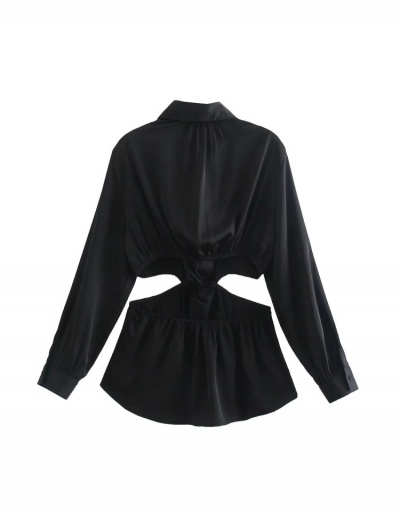  Sexy Pure Color Hollowed Out Lapel Long Sleeve Shirt Long Sleeve Turndown Collar #794631 $29.78 USD, Wholesale Fashion Blouses