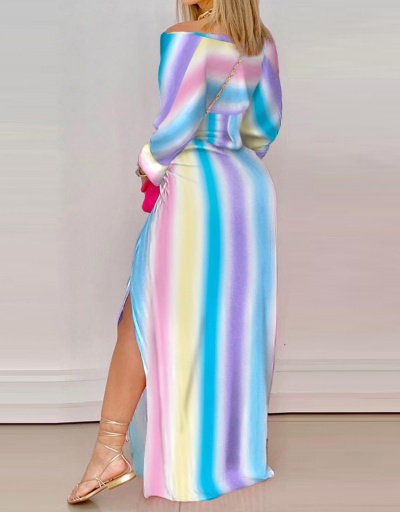 Replica Attractive Striped Colorful Print Maxi Dress Long Sleeve V Neck #794871 $24.90 USD for Wholesale