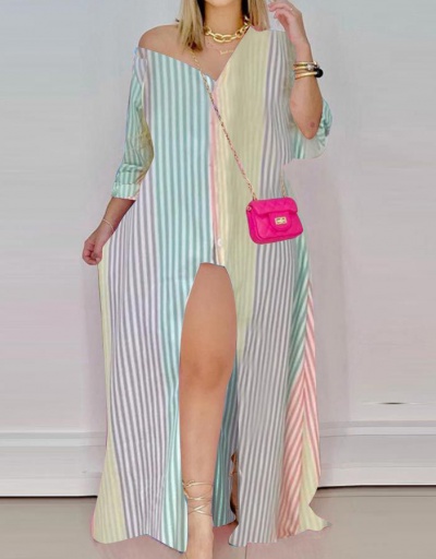 Replica Attractive Striped Colorful Print Maxi Dress Long Sleeve V Neck #794871 $24.90 USD for Wholesale