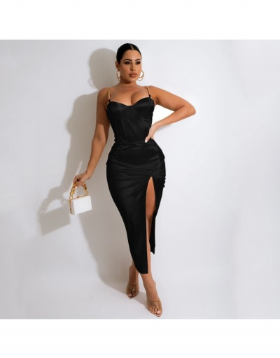 Replica Ladies Satin  Black Slit Spaghetti Straps  Long Dress Sleeveless Sweetheart Neck #794872 $30.88 USD for Wholesale