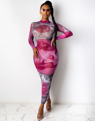 Replica Off Register Dollar Print Mock Neck See Through Gauze Maxi Dress Long Sleeve Mock Neck #794894 $13.50 USD for Wholesale