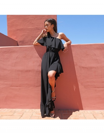 Replica One Shoulder Ruffles Black Maxi Dresses For Women Short Sleeve Inclined Shoulder #794902 $32.16 USD for Wholesale