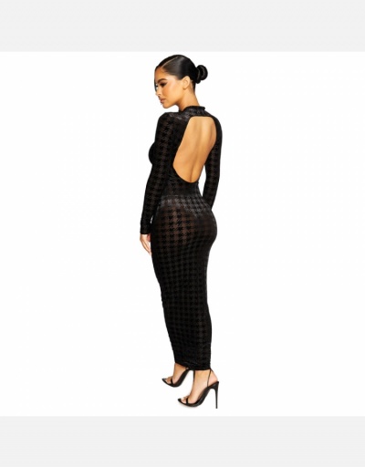 Replica Houndstooth Long Sleeve Backless Maxi Dress Long Sleeve Crew Neck #794929 $21.70 USD for Wholesale