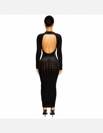 Replica Houndstooth Long Sleeve Backless Maxi Dress Long Sleeve Crew Neck #794929 $21.70 USD for Wholesale