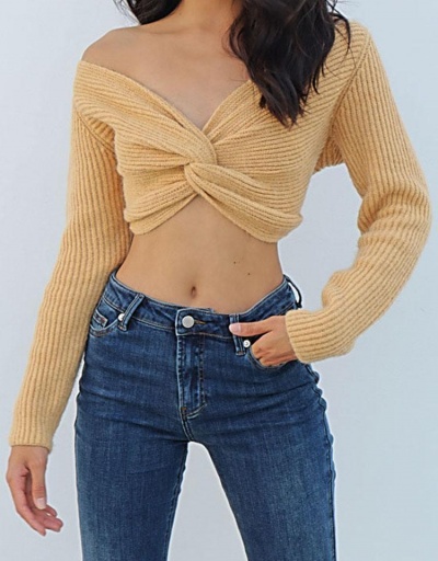 Replica Tempting Solid Twist V Neck Short Sweater Long Sleeve V Neck #794945 $36.29 USD for Wholesale