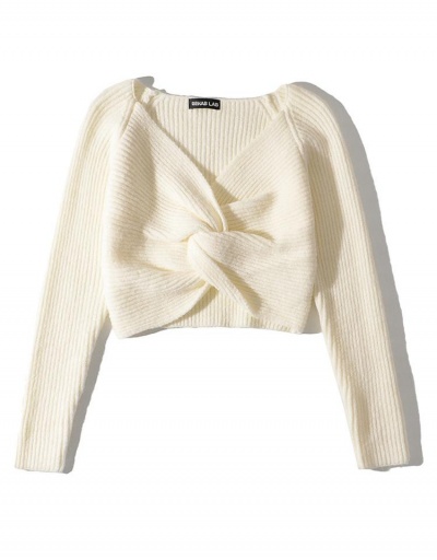 Replica Tempting Solid Twist V Neck Short Sweater Long Sleeve V Neck #794945 $36.29 USD for Wholesale