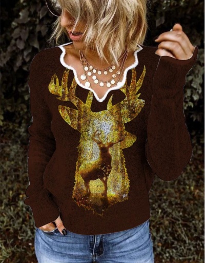 Replica Deer Pattern V Neck Vintage Ladies Sweater Long Sleeve V Neck #794953 $22.25 USD for Wholesale