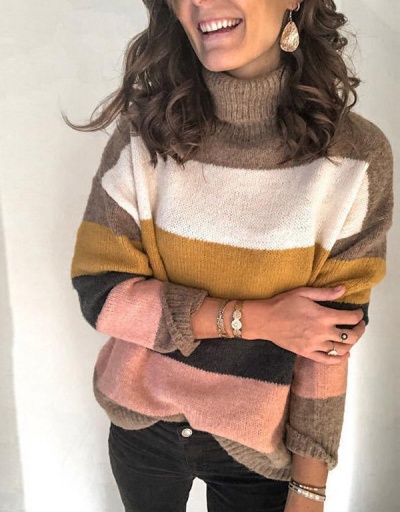 High Neck Contrast Color Striped Knitted Sweater Long Sleeve Turtle/High Neck #794996 $26.89 USD, Wholesale Fashion Sweaters &amp; Cardigans