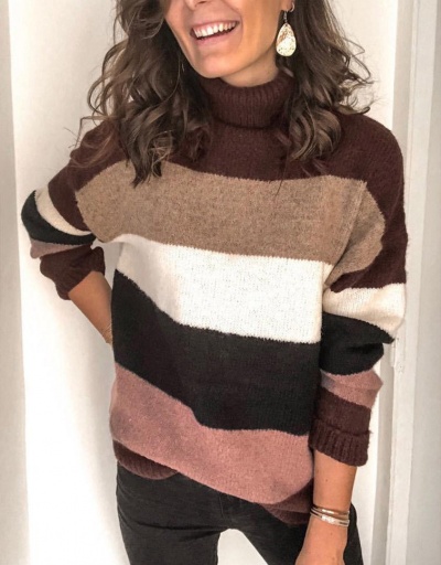 Replica High Neck Contrast Color Striped Knitted Sweater Long Sleeve Turtle/High Neck #794996 $26.89 USD for Wholesale