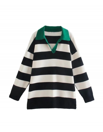 Loose Individual Contrast Color Striped Sweater Long Sleeve Turndown Collar #795004 $45.06 USD, Wholesale Fashion Sweaters &amp; Cardigans