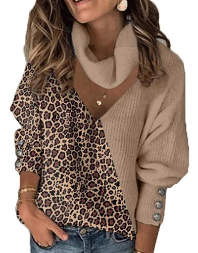 Leopard Color Match Hollow Out Knitted Sweater Long Sleeve Turtle/High Neck #795010 $24.25 USD, Wholesale Fashion Sweaters &amp; Cardigans