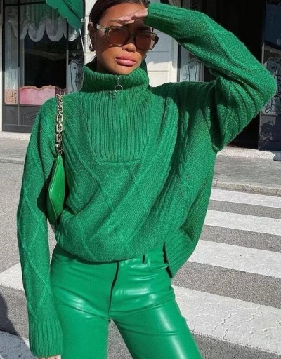 Fresh Color Zip Up Loose Green Sweater Long Sleeve Turtle/High Neck #795012 $47.95 USD, Wholesale Fashion Sweaters &amp; Cardigans