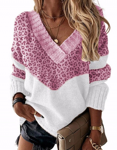 Replica Leopard Contrast Color Casual Fashion Sweater Long Sleeve V Neck #795015 $26.89 USD for Wholesale