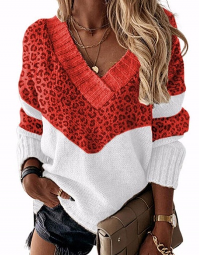 Replica Leopard Contrast Color Casual Fashion Sweater Long Sleeve V Neck #795015 $26.89 USD for Wholesale