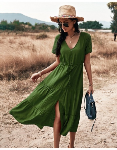  Casual Pure Color Split Hem Ladies Long Dress Short Sleeve V Neck #795171 $29.71 USD, Wholesale Fashion Maxi Dresses