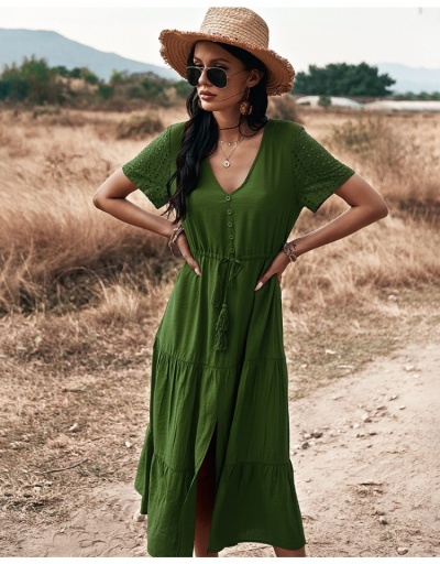 Replica  Casual Pure Color Split Hem Ladies Long Dress Short Sleeve V Neck #795171 $29.71 USD for Wholesale