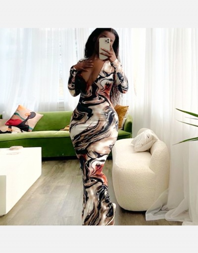 Replica Sexy Low Cut Long Sleeve Print Maxi Dress Long Sleeve U Neck #795196 $22.40 USD for Wholesale