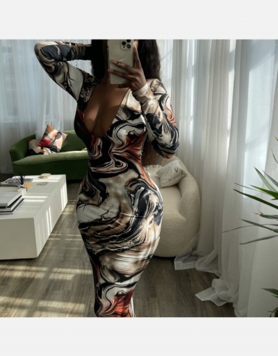 Replica Sexy Low Cut Long Sleeve Print Maxi Dress Long Sleeve U Neck #795196 $22.40 USD for Wholesale