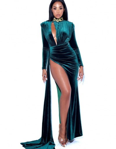 Replica Sexy Solid Slit Hollow Out Velvet Dress Long Sleeve Mock Neck #795205 $45.63 USD for Wholesale