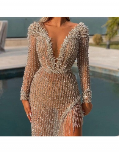 Replica Party Tassel Sexy Split Maxi Formal Dresses Long Sleeve V Neck #795206 $57.92 USD for Wholesale