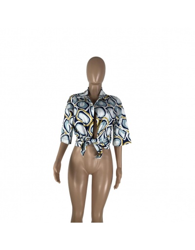 Replica Geometric Printed Tied Short Sleeve Blouse Short Sleeve #795312 $24.57 USD for Wholesale