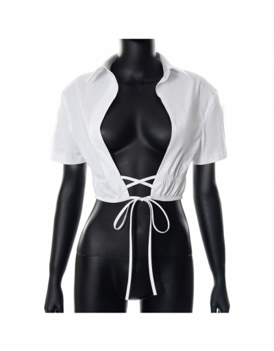 Replica Sexy Summer Shite Tie Wrap Ladies Cropped Blouse Short Sleeve Turndown Collar #795313 $19.38 USD for Wholesale