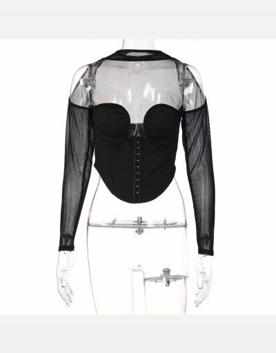 Replica Perspective Gauze Patchwork Sexy Crop Tops For Women Long Sleeve O Neck #795314 $20.15 USD for Wholesale