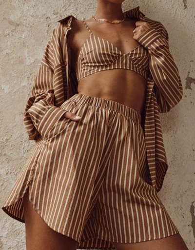 Replica Women Stripe Long Sleeve Three-piece Short Suits  Long Sleeve V Neck #795319 $38.32 USD for Wholesale