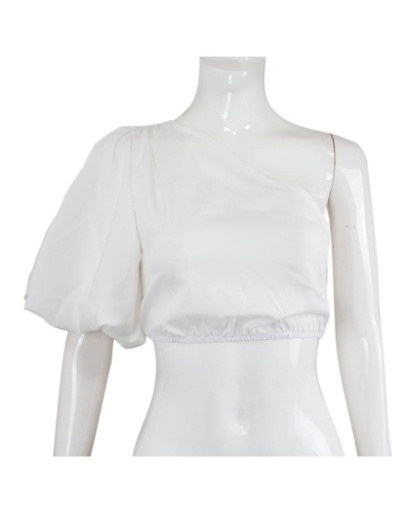 Replica Designer One Lantern Sleeve White Cropped Tops Short Sleeve Inclined Shoulder #795321 $15.66 USD for Wholesale