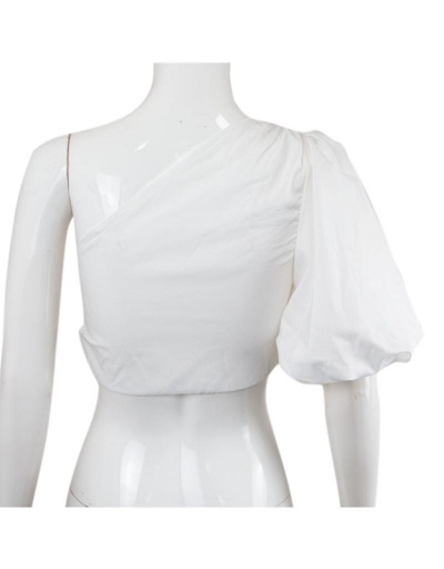 Replica Designer One Lantern Sleeve White Cropped Tops Short Sleeve Inclined Shoulder #795321 $15.66 USD for Wholesale