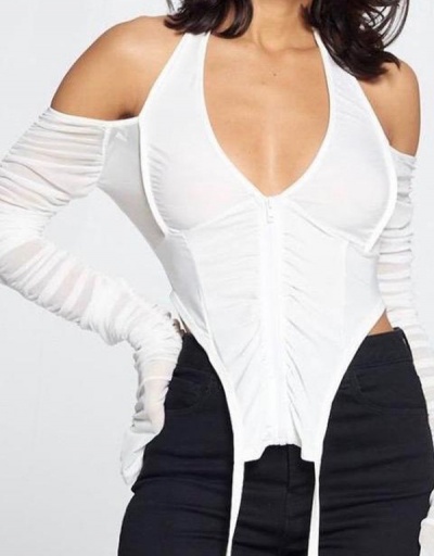 Replica Cold Shoulder Draped Gauze Ladies Blouse Long Sleeve V Neck,Halter #795326 $29.30 USD for Wholesale