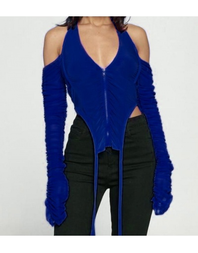 Replica Cold Shoulder Draped Gauze Ladies Blouse Long Sleeve V Neck,Halter #795326 $29.30 USD for Wholesale