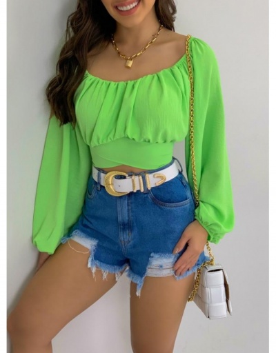 Replica  Summer Pure Color Off Shoulder Puff Sleeve Blouses Long Sleeve Boat Neck #795327 $23.07 USD for Wholesale