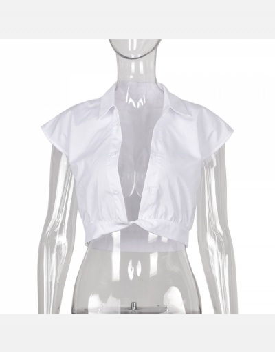 Replica Chic White Button Up Cropped Top Blouse Short Sleeve Turndown Collar #795332 $20.41 USD for Wholesale