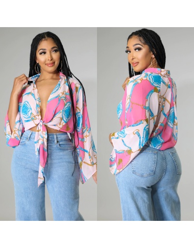 Flare Sleeve Printed Women Blouse  Long Sleeve Turndown Collar #795336 $24.57 USD, Wholesale Fashion Blouses